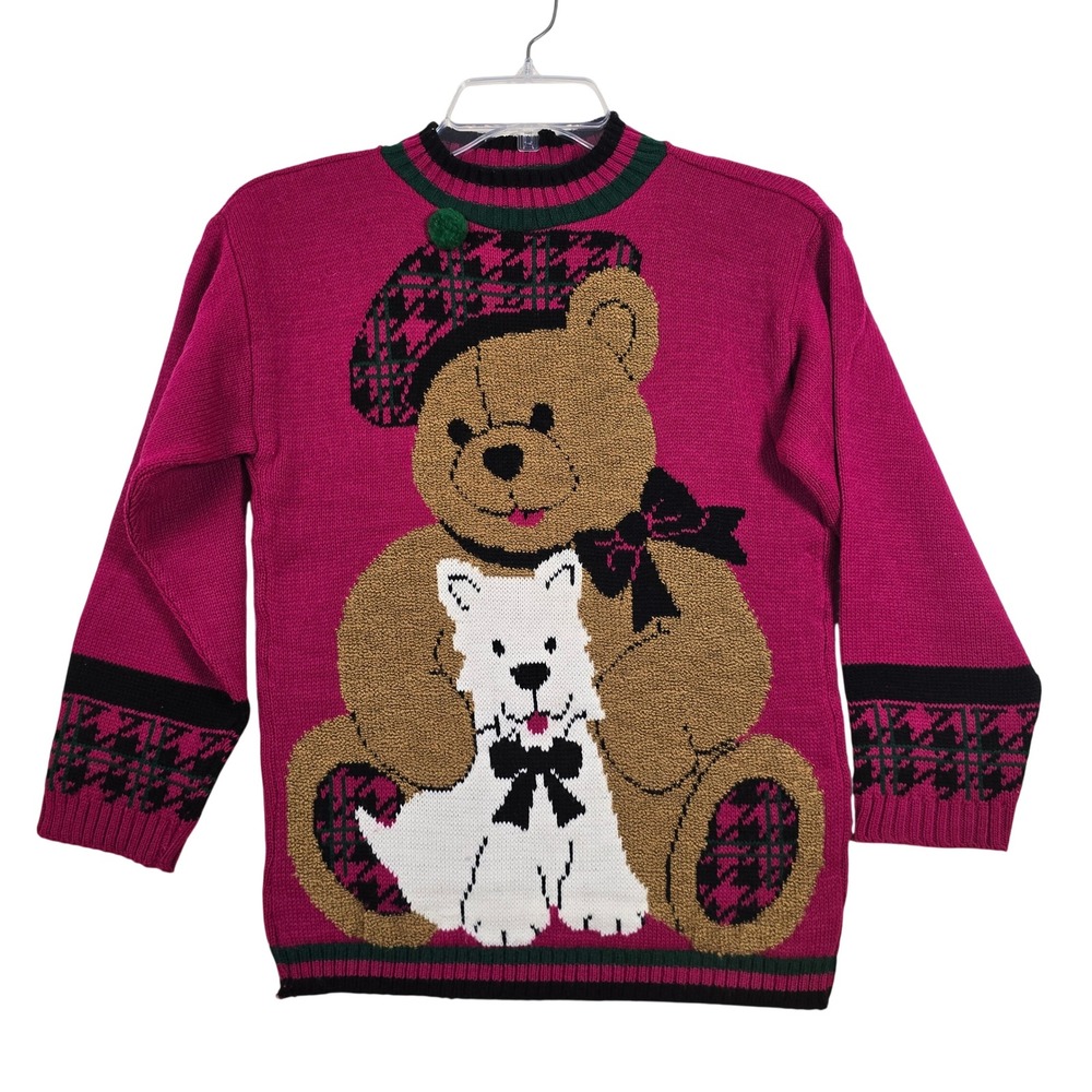 Vintage 80s Jet Set Teddy Bear Scottie Dog Sweater Pink Youth 10-12 Made USA